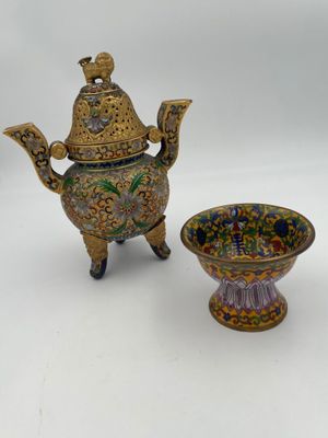 pair of chinese cloise enamel teapots and a bowl