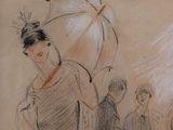 drawing of a woman with an umbrella in front of a group of people