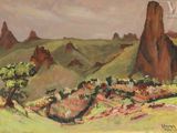 une peinture à l'huile représentant un paysage de montagne avec des arbres et des collines