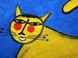 painting of a yellow cat with red eyes on a blue background