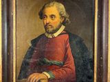 an old painting of a man with a beard and a red shirt