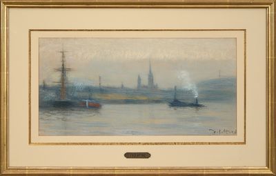 an image of a painting of boats in the water with a city in the background