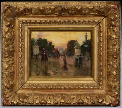 an image of a painting of a horse drawn carriage on a street