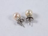 pair of white pearl earrings on a white surface