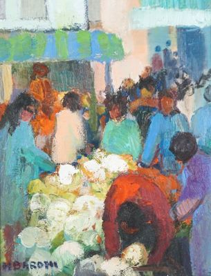 un tableau représentant un groupe de personnes au marché