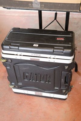 a black and white case sitting on top of a table