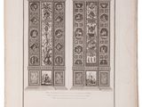 a black and white drawing of a door with a window in the middle