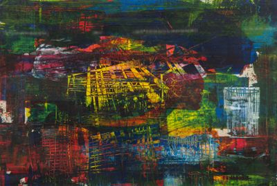 abstract painting of a cityscape with buildings and green trees