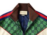 a close up of a green and blue jacket with a brown collar