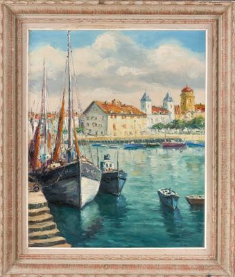 une peinture à l'huile représentant des bateaux dans un port avec des bâtiments à l'arrière-plan