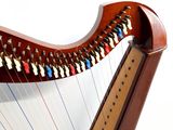 a close up of a harp with strings on a white background