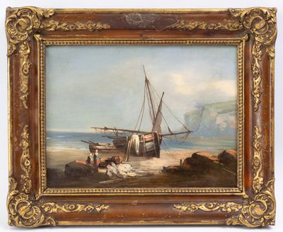 une peinture à l'huile représentant un bateau sur la plage, avec des personnes à proximité