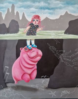 un tableau représentant une petite fille debout sur un cochon rose