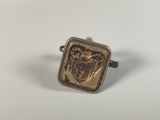 a close up of a ring with a coat of arms on it