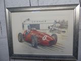 tableau représentant une voiture de course rouge devant un hangar