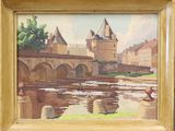 une peinture à l'huile représentant un pont sur une rivière avec un château à l'arrière-plan