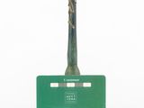 a green card holder with a bottle of wine on it