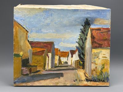 an image of a painting of a street with buildings and a tree