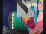 tableau représentant une femme avec une guitare et une étoile de mer posée sur une table