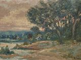 an image of a painting of a landscape with trees and a body of water