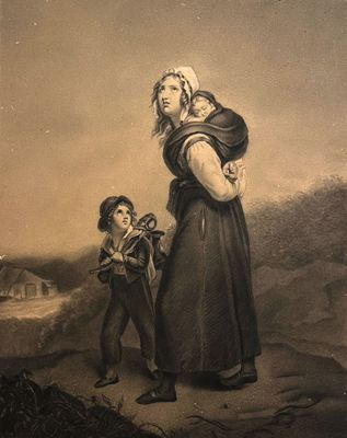 painting of a woman and child in a landscape with a village in the background