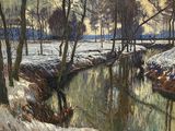 tableau représentant un ruisseau traversant une forêt enneigée et boisée