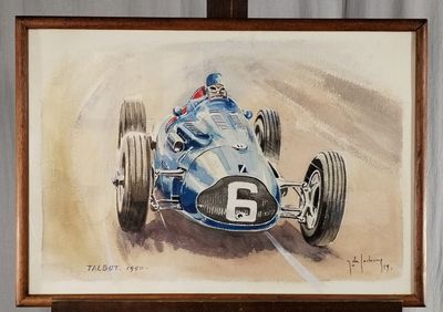 tableau représentant une voiture de course bleue portant le numéro six à l'avant