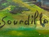 an oil painting of a horse in a field with a name written on it