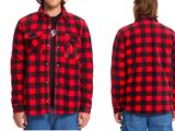 the man is wearing a red and black flanned shirt