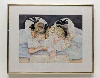 tableau représentant deux petites filles en train de lire un livre sur un lit