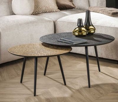 Lot de 2 tables basses rondes, en bois et métal gris et bron…