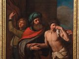 an image of a painting of a man on the cross with two men in the background
