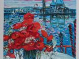 an oil painting of a vase of red flowers on a table