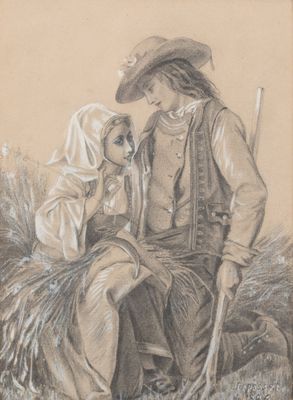 dessin représentant un homme et une femme assis sur un banc dans un champ
