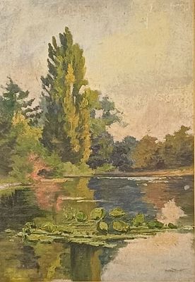 tableau représentant une rivière avec, au premier plan, des arbres et des nénuphars