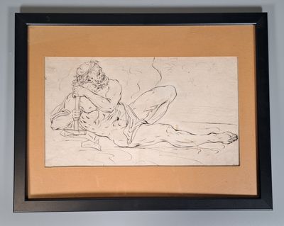 dessin encadré représentant une femme nue et un homme sur une plage