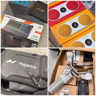 plusieurs photos montrant divers appareils électroniques et accessoires dans une boîte