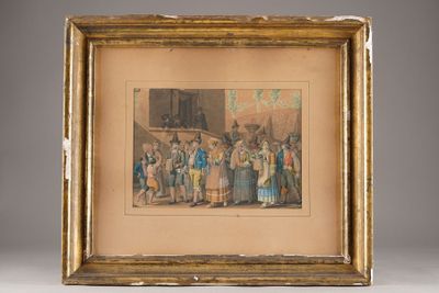 an old picture of a group of people standing in front of a building