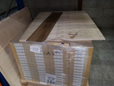 a pallet with a box on top of it in a warehouse