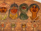 an image of a wooden plaque with a group of people on it