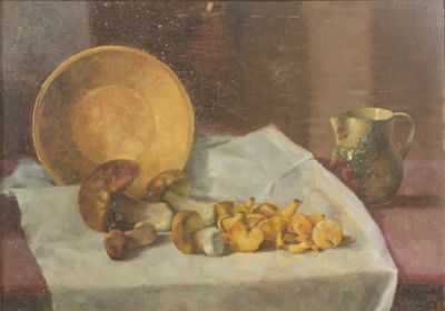 a painting of mushrooms and a bowl on a table
