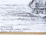 a drawing of a boat in the water on a piece of paper