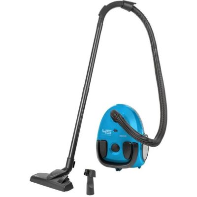 a blue vacuum cleaner with a black handle and a black hose
