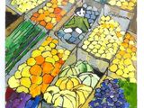 une peinture de fruits et légumes exposés sur un marché