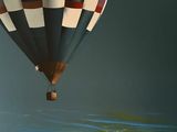 a painting of a hot air balloon flying over the water