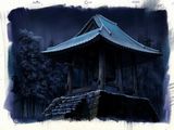 une peinture représentant une pagode au cœur de la nuit