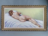 a painting of a naked woman laying on a bed