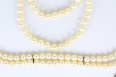 trois colliers de perles et un bracelet posés sur un fond blanc