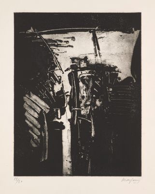 an image of a black and white photo of a man standing in front of a building