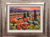a painting of a landscape with trees and hills in the background